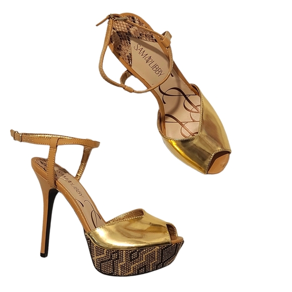 Sam & Libby Gold & Caramel Ankle Strap Peep Toe Platform Heels Size 9 New - Picture 2 of 11